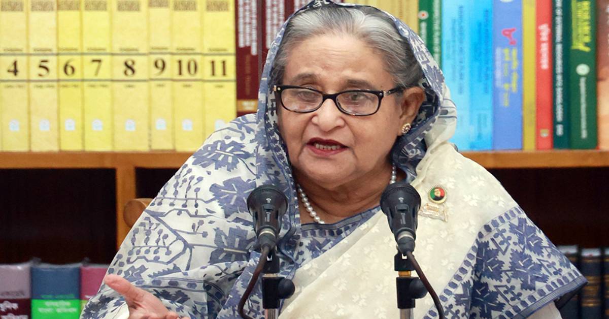 সংবাদ সম্মেলনে বক্তব্য রাখছেন প্রধানমন্ত্রী শেখ হাসিনা। ছবি: ফোকাস বাংলা