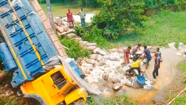 মৌলভীবাজারে সরকারি চালবোঝাই ট্রাক ব্রিজের নিচে